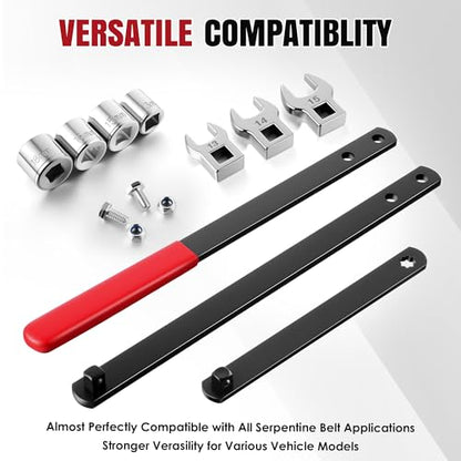 Meonum Universal Serpentine Belt Tool Kit, Includes 3/8" & 1/2" Drive Belt Adjust Tightener Wrench Set, 4 Shallow Sockets, 3 Crowfoot, Tensioner Wrench & Removal Tool Auto Repair, Maintenance (Red) - color: Red