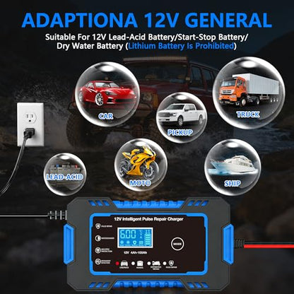 12V 6-Amp Battery Charger, Smart Trickle Charger & Maintainer Blue | Battery Desulfator, Winter & Summer Mode, Lead-acid Battery Chargers, for Car Truck Motorcycle Lawn Mower Boat - color: BLUE