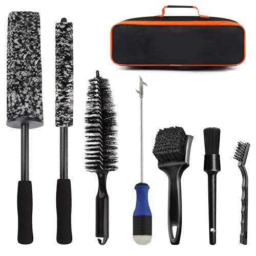 Car Wheel Cleaning Brush - 8PCS Car Wheel Tire Rim Cleaner Pro Wash Kit with Soft-bristled Detailing Crevice Brushes Stone Scraper Carry Bag, Auto Vehicle Cleaning Washing Tools Supplies