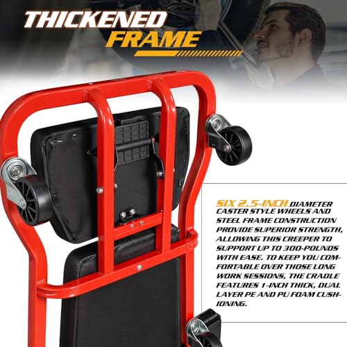 Magshion Mechanic Creeper Garage Automotive Floor Low Profile Roller Mechanics Tools, 44" 6 Caster Creeper with Adjustable Cushioned Headrest - 300 lbs Capacity (Red) - color: Red, size: 44"
