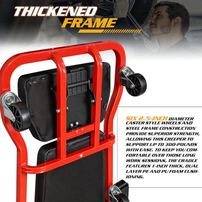 Magshion Mechanic Creeper Garage Automotive Floor Low Profile Roller Mechanics Tools, 44" 6 Caster Creeper with Adjustable Cushioned Headrest - 300 lbs Capacity (Red) - color: Red, size: 44"