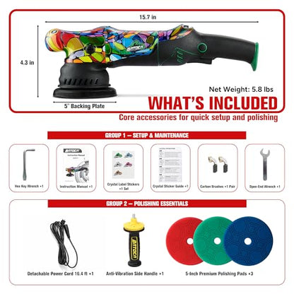 BATOCA P1 Car Buffer Polisher, 1000W High-Torque - 5-Inch 15mm Long-Throw Dual Action Orbital Polisher for Detailing - 6-Speed DA with Anti-Vibration Design & 16.4ft Detachable Cord - Auto, Boat, RV - size: Basic Kit