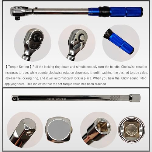7PCS 3/8 Inch Drive Click Torque Wrench Set, 5-60 N.m with 9.8'' Long Extension Bar, 14mm 16mm Spark Plug Socket, T20 T30 T40 Bit Socket for Car Engine Repair Spark Plug Replacement