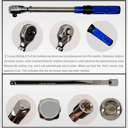 7PCS 3/8 Inch Drive Click Torque Wrench Set, 5-60 N.m with 9.8'' Long Extension Bar, 14mm 16mm Spark Plug Socket, T20 T30 T40 Bit Socket for Car Engine Repair Spark Plug Replacement