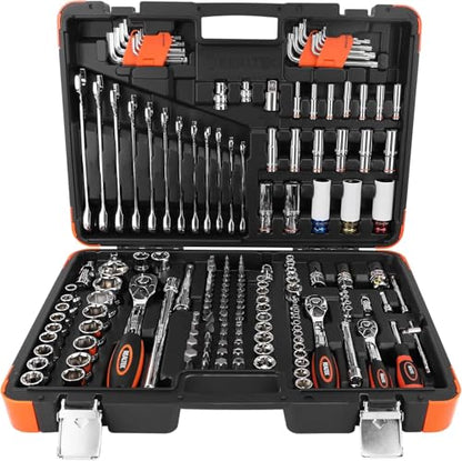 REALTEK 178 Pieces Socket Wrench Set 1/4"3/8"1/2",CR-V Metric Wrench Set with Extension Bar,Quick-Release Ratchet Wrench with Bit Socket Set for Auto Repairing,Household and Workshop,Durable Tool Box - size: 178 Pieces 1/4"3/8"1/2" Drive Socket Set