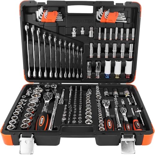 REALTEK 178 Pieces Socket Wrench Set 1/4"3/8"1/2",CR-V Metric Wrench Set with Extension Bar,Quick-Release Ratchet Wrench with Bit Socket Set for Auto Repairing,Household and Workshop,Durable Tool Box - size: 178 Pieces 1/4"3/8"1/2" Drive Socket Set