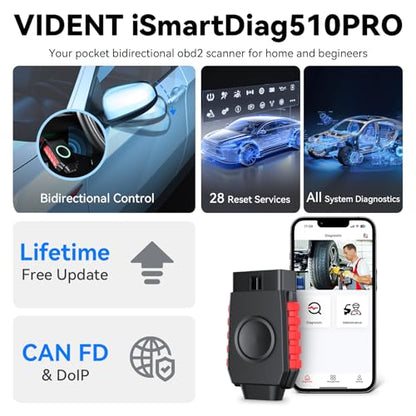 Bluetooth OBD2 Scanner Bidirectional Tools, VIDENT iSmartDiag510Pro Scan Tool with Lifetime Updates, 28 Resets, CAN FD/DoIP, All System Diagnostics for iOS & Android