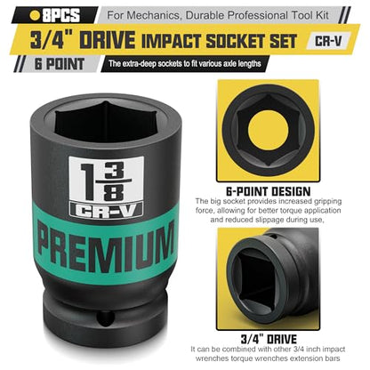 8pcs 3/4" Drive Impact Socket Set, SAE Axle Nut Sockets, 1" to 1-1/2" Thicker Jumbo Sockets, Socket Set, 6 Point, Cr-V, for Mechanics, Durable Professional Tool Kit - size: 3/4" 8pcs SAE