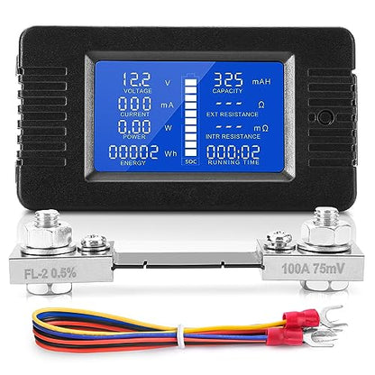 DC Multifunction Battery Monitor Meter, 0-200V 0-100A LCD Display Digital Current Multimeter Voltmeter Ammeter for Cars Rv Solar System