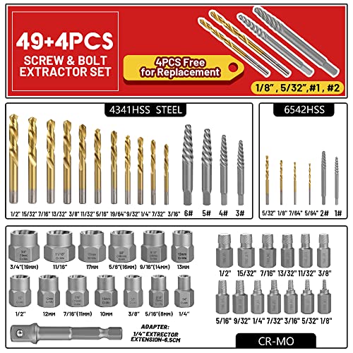 53 Pcs Spiral Screw Bolt Extractor Set Left Hand Drill Bit | 6542/4341 HSS Easy Out Bolt Extractor Set Multi-Spline Stripped Bolt Remover for Broken Rusted Nuts Bolts - size: 53Pcs
