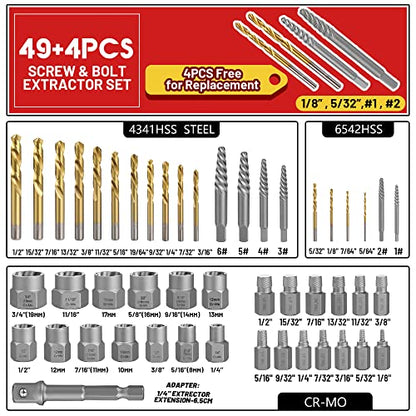 53 Pcs Spiral Screw Bolt Extractor Set Left Hand Drill Bit | 6542/4341 HSS Easy Out Bolt Extractor Set Multi-Spline Stripped Bolt Remover for Broken Rusted Nuts Bolts - size: 53Pcs