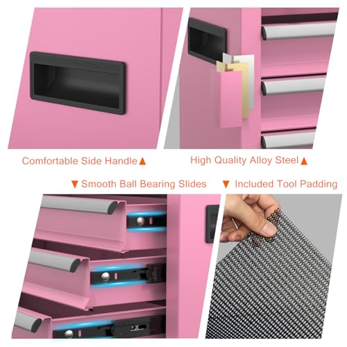 Portable Metal Tool Box with Drawers, Latches Tool Box with EVC Liners for Garage, Home and Workbench (Pink) - color: Pink