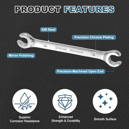 HARFINGTON 2 Pcs Flare Nut Wrench 10mm x 12mm Metric Double Open End Thick Spanner Mirror Polish Finish 45# Steel Brake Line Wrench for Fuel Tube Hose Transmission Line, Silver - size: 10mm x 12mm