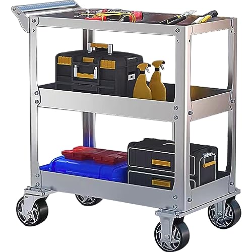 3-Tier 14 Gauge Stainless Steel Utility Cart, 1100 lbs Heavy Duty Service Cart with Wheels, Rolling Tool Cart on Wheels for Mechanic, Garage, Workshop, Warehouse, 15.75" D x 30.7" W x 36.2" H