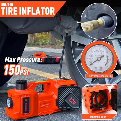 Trihelper Electric Car Jack Set 5 Ton Hydraulic Jack Car Lift Floor Jack with Integrated Tire Pump and Impact Wrench for Sedans SUV MPV Sedan Truck Change Tires Garage Repair | Lift Range 5.9-17.7in, 350 N·m Torque, 35L/min Pump, 150 PSI Gauge, Fits Sedan