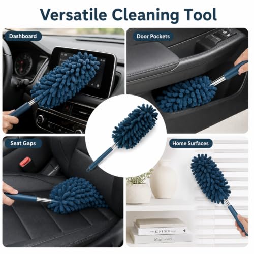 Set of 2 Microfiber Car Dusting Brushes Flexible Adjustable Mini Cleaning Tools Made of Polyester Fiber for Dashboard Vents Blue