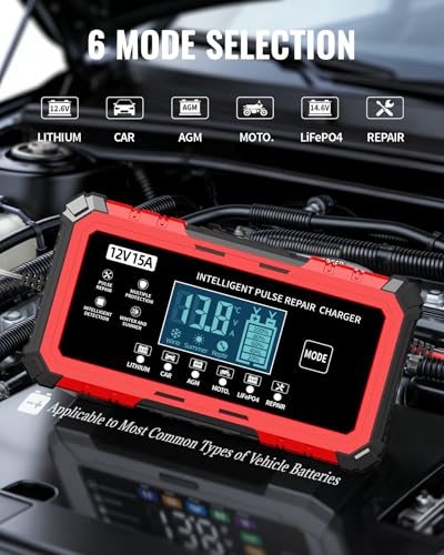 12V 15A Car Battery Charger - Smart Automatic Trickle Charger Battery Maintainer for Car Battery with Pulse Repair & LCD Display, Compatible with Lithium/CAR/AGM/Moto/LiFePO4 Batteries - color: Red