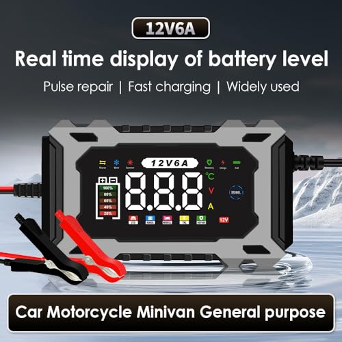 6-Amp 12V Smart Car Battery Charger, Battery Maintainer Trickle Charger with Desulfator, Pulse Repair & Overcharge Protection - for Car Lawn Mower Marine Lead-Acid Batteries (Gray) - color: Gray