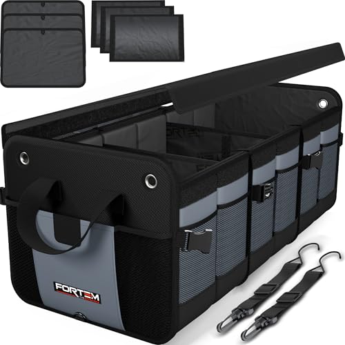 FORTEM Trunk Organizer For SUV Car Organizer and Storage, Multi-Compartment Storage Bag Car Accessories for Women Men, Perfect Christmas Gifts, 1680D Oxford, Non Slip Bottom, Straps, Soft Cover (90L) - color: Grey, size: Extra Large (90L)