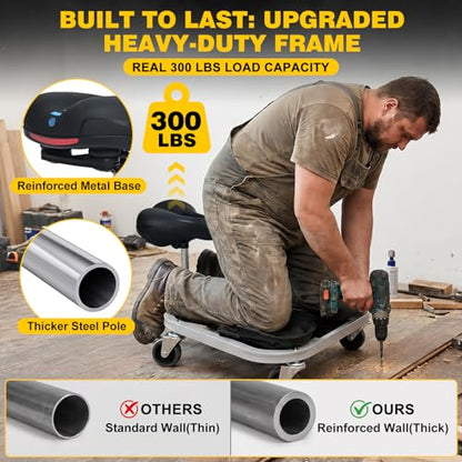 Rolling Knee Creeper with Rolling Knee Pads With Seat, 300 Pound Capacity | Heavy Duty Steel Tube Mechanic Creeper with 11 to 15 Inch Adjustable Seat Height, Tool Tray, and Rolling Knee Pads