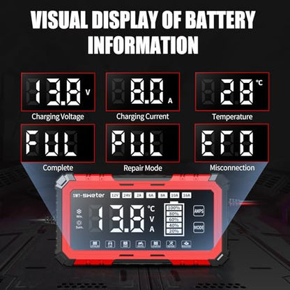 SWTsweter 16A Smart Car Battery Charger,12V/24V Maintainer & Desulfator with 200s Booster Mode - Compatible with 12.6V Lithium-Ion, LiFePO4, AGM, Gel, Lead-Acid for Truck, Motorcycle, RV, Lawn Mower