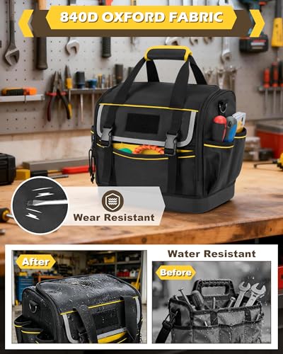 12-Inch Tool Bag with Hard Bottom, Electrician Tool Box Organizer | Detachable Divider, Multiple Pockets, Padded Handle, Adjustable Shoulder Strap, Ideal for Mechanics, Carpenters, Plumbers