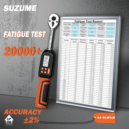 SUZUME Digital Torque Wrench 3/8 Drive (4.9-99.6 Ft. Lb / 6.6-135 N.m) | ±2% Accuracy,Buzzer and LED Alert,Electric Display,Peak & Track,Foot / Inch Pound,Automotive,Car, Moto,Spark Plug,Engine,Bike - size: 4.9-99.6 Ft. Lb, style: 3/8-Inch