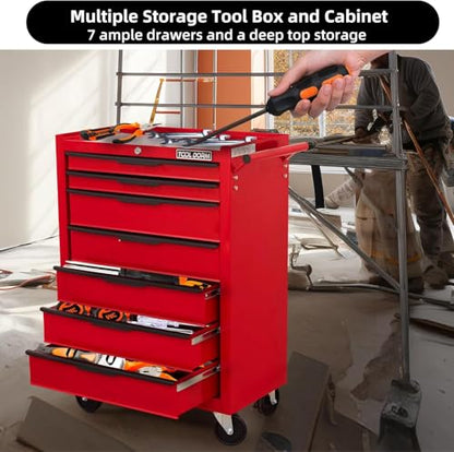 7-Drawer Rolling Tool Chest with Locking Wheels & Drawers, 13" D x 24.2" W x 34.6" H Mobile Tool Storage Cabinet, Heavy-Duty Garage Organizer w/Ergonomic Handle - color: Red