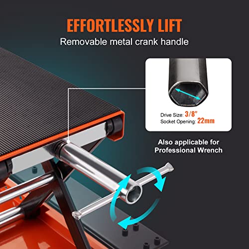 VEVOR Motorcycle Lift 1100lbs ATV Scissor Lift Jack with Dolly & Hand Crank | Garage Repair Center Hoist Crank Stand with Wide Deck and Tool Tray for Street Bikes, Cruiser Bikes, Touring Motorcycles | Garage Repair Center Hoist Crank Stand with Wide Deck