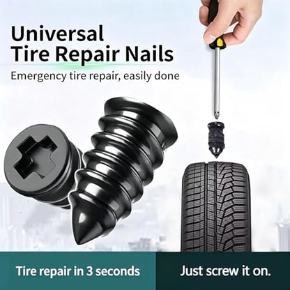 Tire Repair kit with Spiral Rubber Plugs, Tread Gauge, Valve cores & Valve caps | Easy operation, fast repair tire punctures, emergency fix for punctured tires of cars, motorcycles, trucks and more