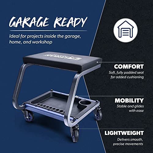 URBANTRANSIT Fastback Shop Stool - 350 Lb Capacity Rolling Stool for Garage & Workshop, with Organizer Tray & Cupholder - 3 Inch Premium Casters