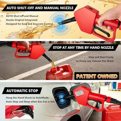 5GPM Fuel Transfer Pump with Auto-Stop & Hand Nozzle, 118'' pumping lift, fit different jug size and depth barrels,no adapters needed,portable gas pump,barrel pump for Gasoline, Diesel, Kerosene - size: 118''-5GPM