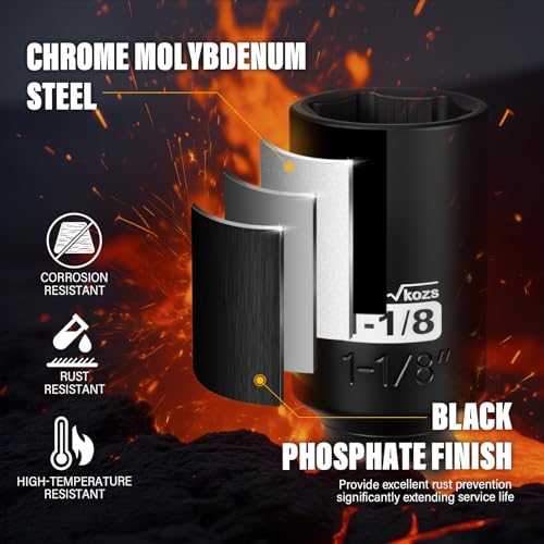 1/2 Inch Drive 1-1/8 Inch Deep SAE 6 Point CR-MO Impact Socket | Radius Corner Design,Square Chamfered Opening,Axle Nut Impact Grade Socket for Easy Removal - size: 1/2” Drive 1-1/8 Deep, style: 1/2" Drive Deep Socket