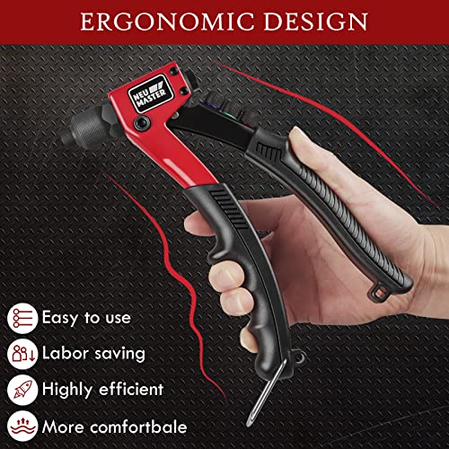 NEU MASTER Rivet Gun with 200 Rivets, Heavy Duty Manual Rivet Gun Kit, 4 Tool-free Interchangeable Heads with Carrying Case, One-hand Pop Riveter for Metal, Plastic, Leather & DIY