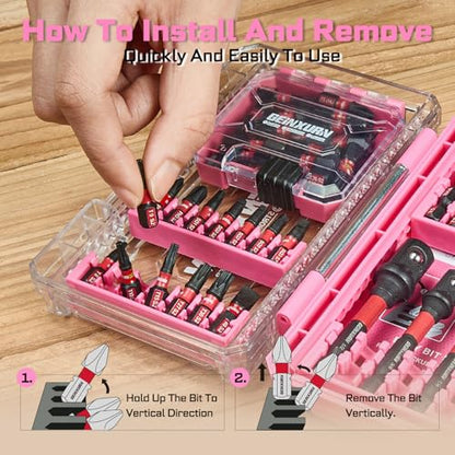 Geinxurn 55Pcs S2 Steel Magnetic Impact Bit Set | Phillips, slotted, square, Torx bits; impact-rated holder & socket adapter, pink case - style: STKB055A-PK