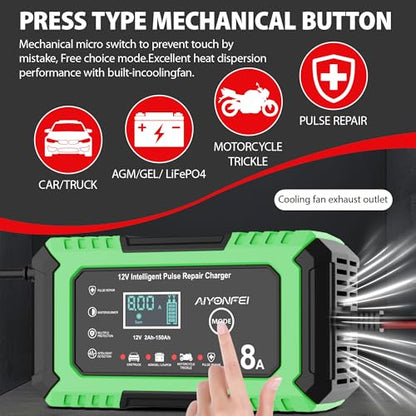 12V Battery Charger 8-Amp Smart Trickle Charger, Green | Battery Maintainer and Desulfator, Temperature Compensation, for Car, Truck, SUV, Motorcycle, Boat, Lead Acid, LiFePO4 - color: Green