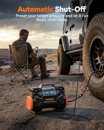 WOLFBOX HyperFlow60D 12V Portable Air Compressor, 60-Minute Runtime Offroad Air Compressor, 150 PSI Heavy Duty Tire Inflator with Auto Stop, Dual Cylinder Air Pump for Off-Road,4x4 Vehicle,Pickups,RVs