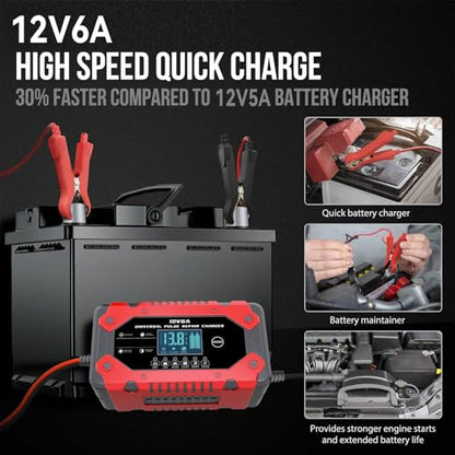Battery Charger 6-Amp 12V Automatic Smart Battery Trickle Charger, Battery Maintainer Desulfator with Temperature Compensation for Car Truck Motorcycle Lawn Mower Marine
