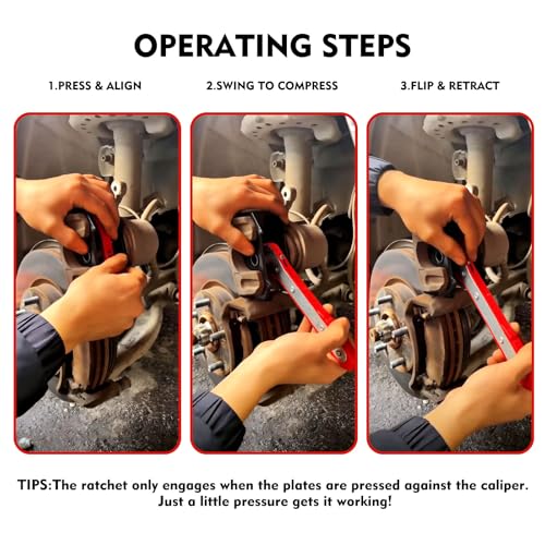 Brake Caliper Compression Tool, 360° Ratcheting Piston Compressor, 2 Steel Plates, 2 Hooks, for Single Twin Quad Pistons, Cars Trucks SUVs