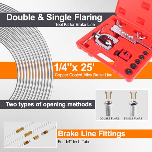 1/4" Brake Line Repair Kit, Double & Single Brake Line Flaring Tool Kit + 25ft 1/4 Inch Zinc Coated Brake Line with 32 Pcs Fittings(4 Unions Included) + Brake Line Bender - color: Silver, size: 1/4"