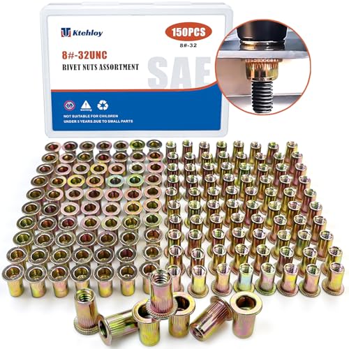 Rivet Nut, Ktehloy 150Pcs 8-32UNC Carbon Steel Flat Head Rivnut Threaded Insert Nut, Zinc Plated Carbon Steel Nut Inserts, Knurled Body (8-32) - size: 8-32 - 150 Pcs