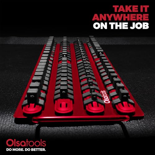 Olsa Tools Socket Organizer Tray - Portable Red Rail with Black Clips - Stores 80 Sockets Securely - Professional-Grade Socket Holder - Part 1047 - color: Red Tray/Black Clips