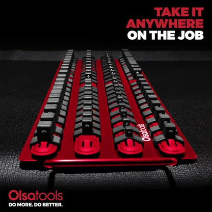 Olsa Tools Socket Organizer Tray - Portable Red Rail with Black Clips - Stores 80 Sockets Securely - Professional-Grade Socket Holder - Part 1047 - color: Red Tray/Black Clips