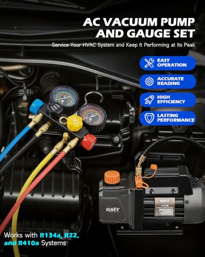 Orion Motor Tech AC Vacuum Pump and Gauge Set, 1/3 hp 4 cfm Vacuum Pump Manifold Gauge Kit with Leak Detector 4 Hoses & Accessories for R134a R22 R410a, A/C Vacuum Pump Kit for Auto HVAC Systems - size: 4.0 CFM&4 way