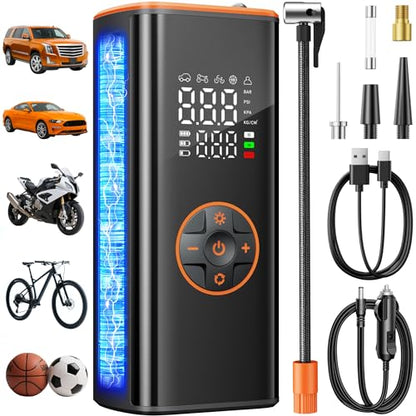 Tire Inflator Portable Air Compressor, Cordless Tire Inflator for Car Tires with Digital Pressure Gauge and Auto Shutoff, Dual Power Air Pump with Battery and 12V Car Adapter