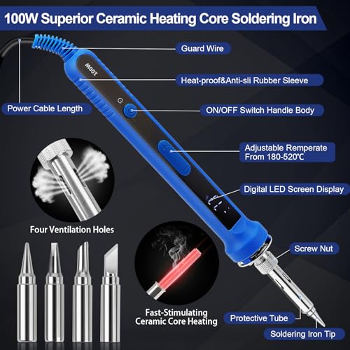 194PCS Soldering Iron Kit,100W Soldering Iron Adjustable Temperature,Solder Wire,Stand,Desoldering Pump,Soldering Welding Iron Kit for Electronics Hobby DIY 110V US Plug