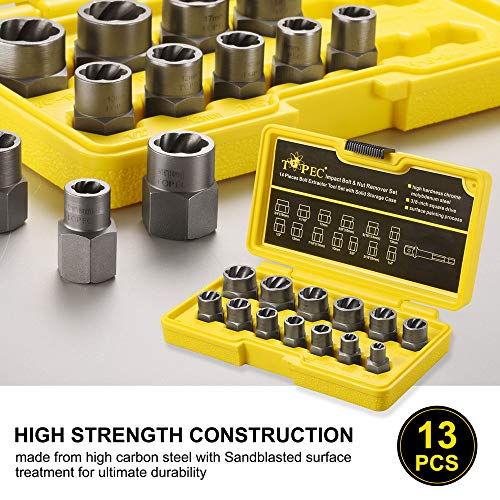 Topec 13+1 Piece Impact Bolt & Nut Remover Set, 3/8" Drive Bolt Extractor Socket Set, 8mm-19mm Stripped Lug Nut Remover, Twist Socket for Damaged, Rusted, Rounded Fasteners - color: 13-piece
