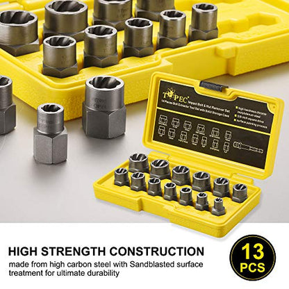 Topec 13+1 Piece Impact Bolt & Nut Remover Set, 3/8" Drive Bolt Extractor Socket Set, 8mm-19mm Stripped Lug Nut Remover, Twist Socket for Damaged, Rusted, Rounded Fasteners - color: 13-piece