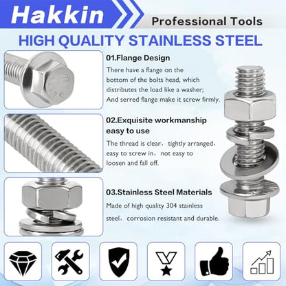 M8 Bolts, 200PCS Flange Hex Bolts and Nuts Kit, M8-1.25 x 16/20/25/30/35mm Flanged Hex Head Bolts Flange Hexagon Screws, Hakkin 304 Stainless Steel M8 Metric Nuts Screws Flat & Lock Spring Washers - size: 200PCS M8 Flanged Bolts Silver