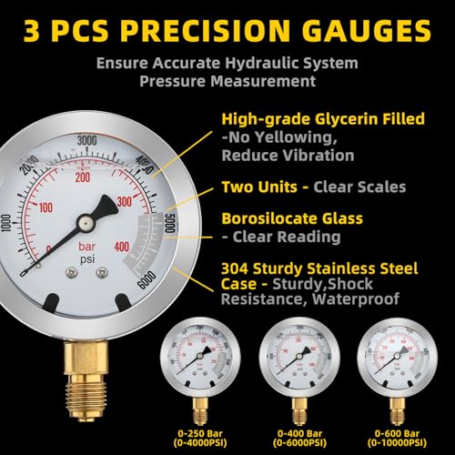 Hydraulic Pressure Test Kit, 250/400/600bar, 3 Gauges 9 Test Couplings 3 Test Hoses, Hydraulic Gauge Test Kit for CAT, Komatsu, Hitachi, Kobelco Excavators & Loaders - style: 3 Gauges 9 Couplings